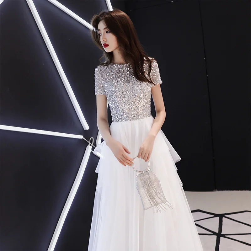 

New White Sequins Cheongsam Chinese Women Banquet Clothes Mesh Floor Length Dress Gowns Ladies Evening Party Qipao Big Size 3XL