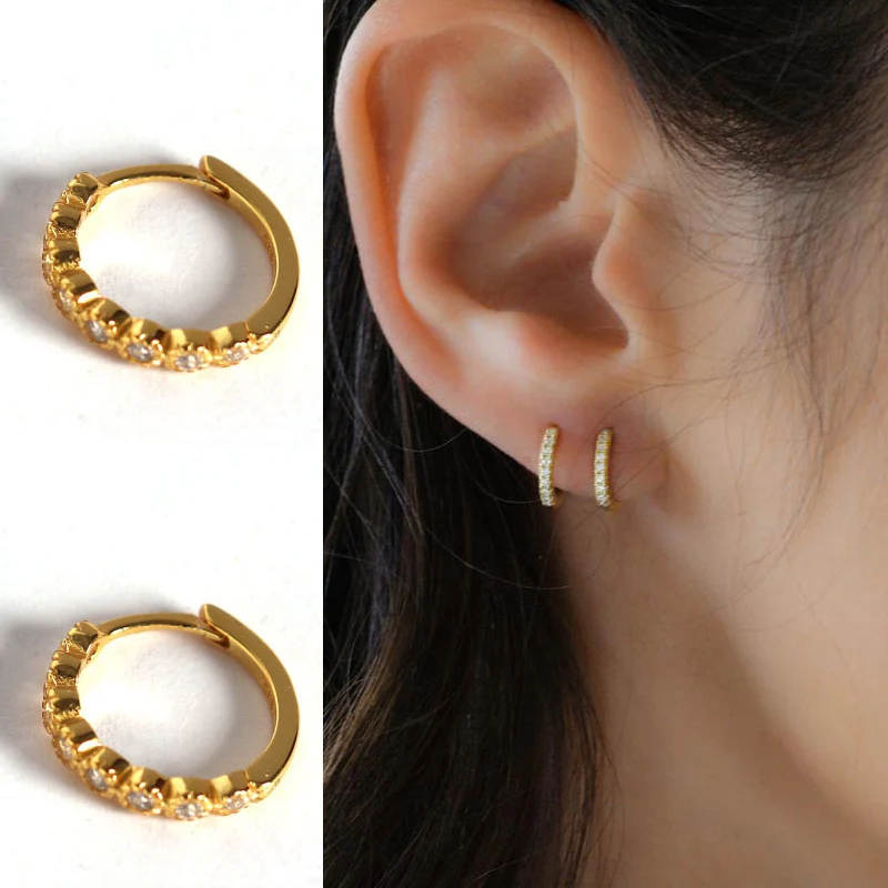 

Real 925 sterling Silver hoop earring Thin Micro Pave CZ Huggie Hoop silver gold earring