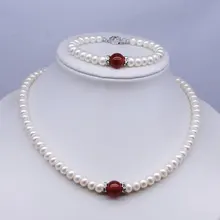 Свадебные украшения Горячие! Модный речной жемчуг ожерелье браслет набор с красными драгоценностями для молодой леди, 30 компл./лот