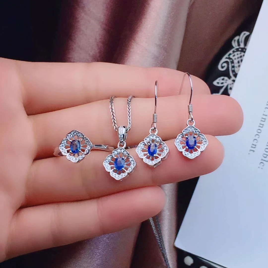 Стиль драгоценный камень, синий сапфир комплект ювелирных изделий, включая кольцо, серьги, ожерелье с 925 серебром