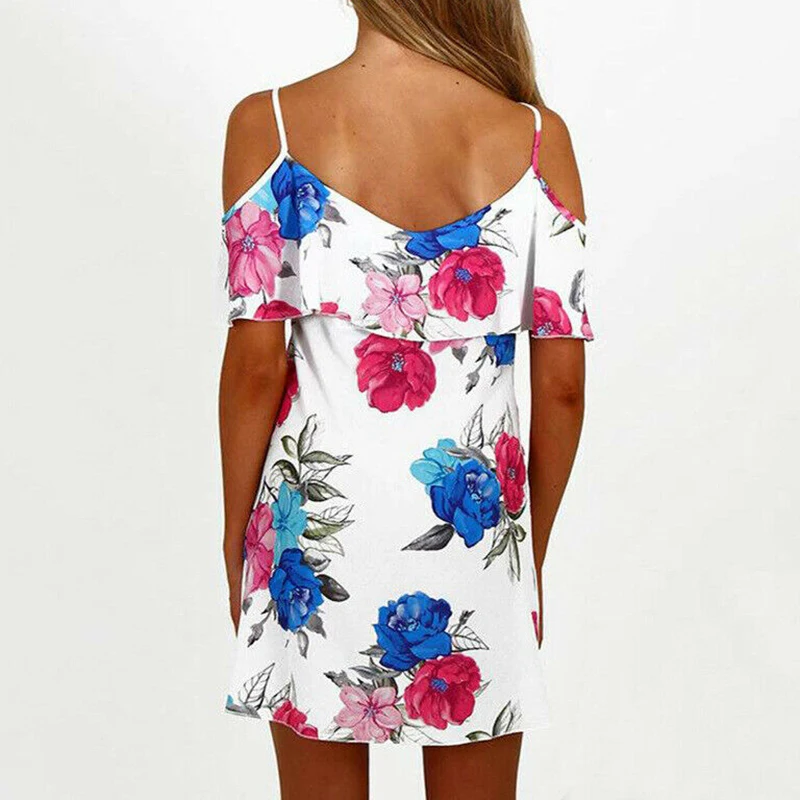 2019 Women's Dress Cold Shoulder Short Sleeve Summer Dress Woman Casual Loose Beach Boho Sundress Ladies Floral Printed Dresses
