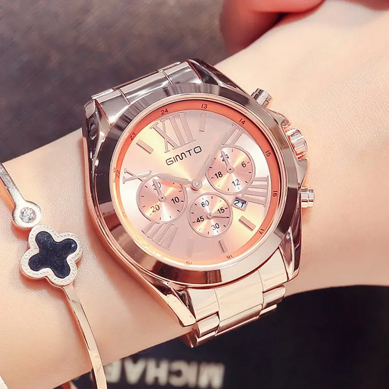 

Luxury Top Rose Gold Women Watch Pink Stainless Steel GIMTO Brand 30 Meter Waterproof Quartz Lady Wristwatch Golden Dress Clock