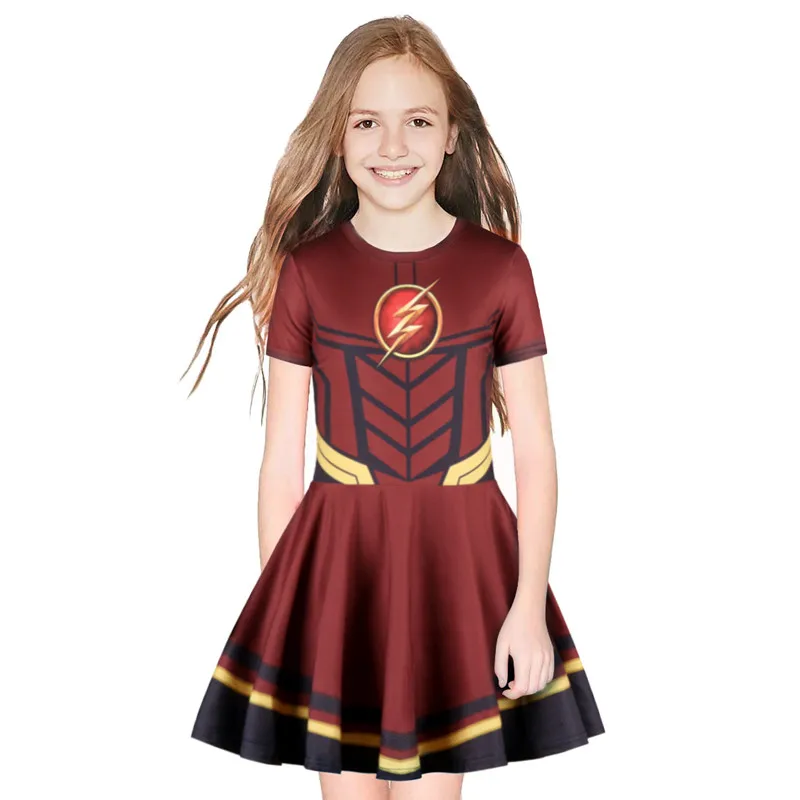 Платье с короткими рукавами и принтом «Капитан Америка» для девочек, Flash, Halle Quin, милая плиссированная юбка с рукавами для детей, платье для костюмированной вечеринки на Хэллоуин - Цвет: C
