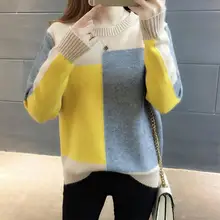 Yiwa 2019 Women Color Block Sweater Jumper Loose Thermal Tops Blouse Autumn Winter delicate sewing Color block sweater design color block striped jumper