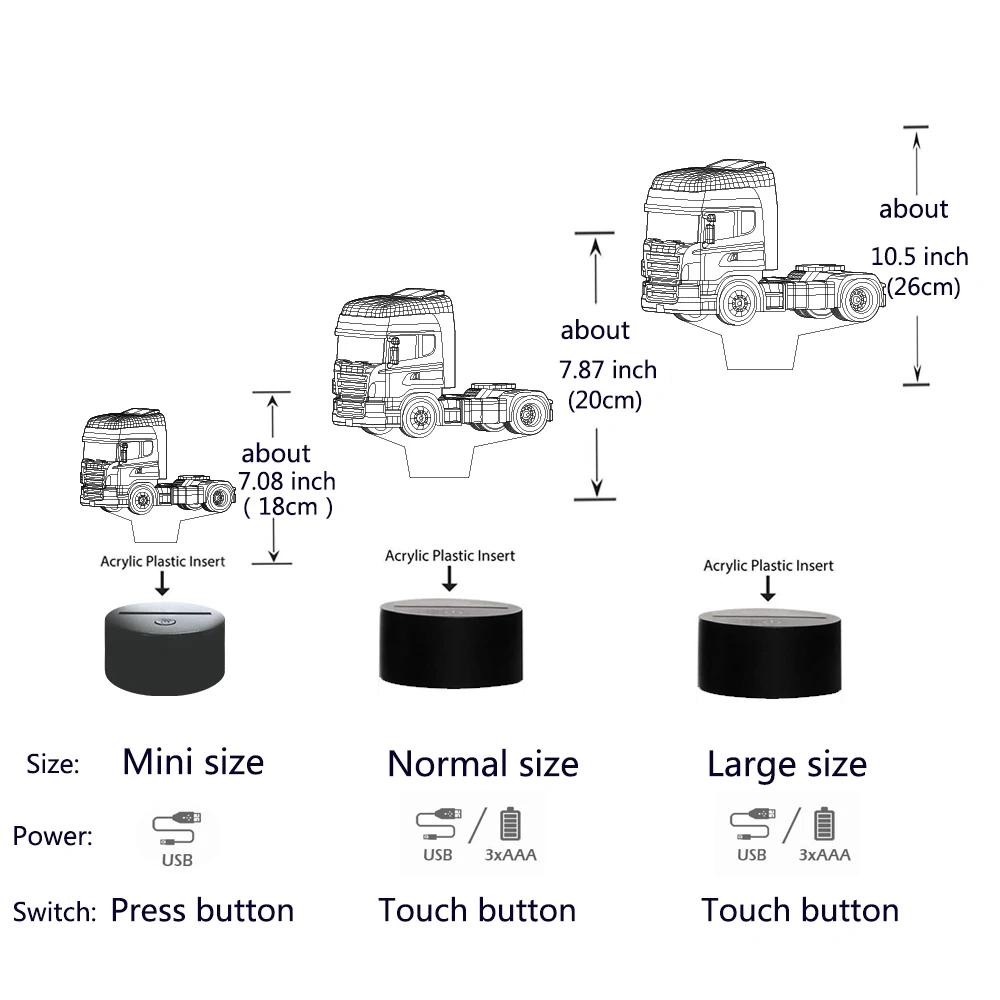 Супер светодиодный тяжелый грузовик формы ночной светильник 7 меняющихся цветов 3d иллюзия ночник сенсорный переключатель USB кабель
