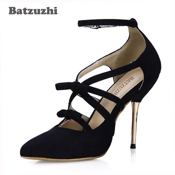

Batzuzhi Japanese Style Fashion Shoes Women Pointed Toe Black Suede Leather Women Pumps 10.7cm Iron Heels Straps Ankle Party