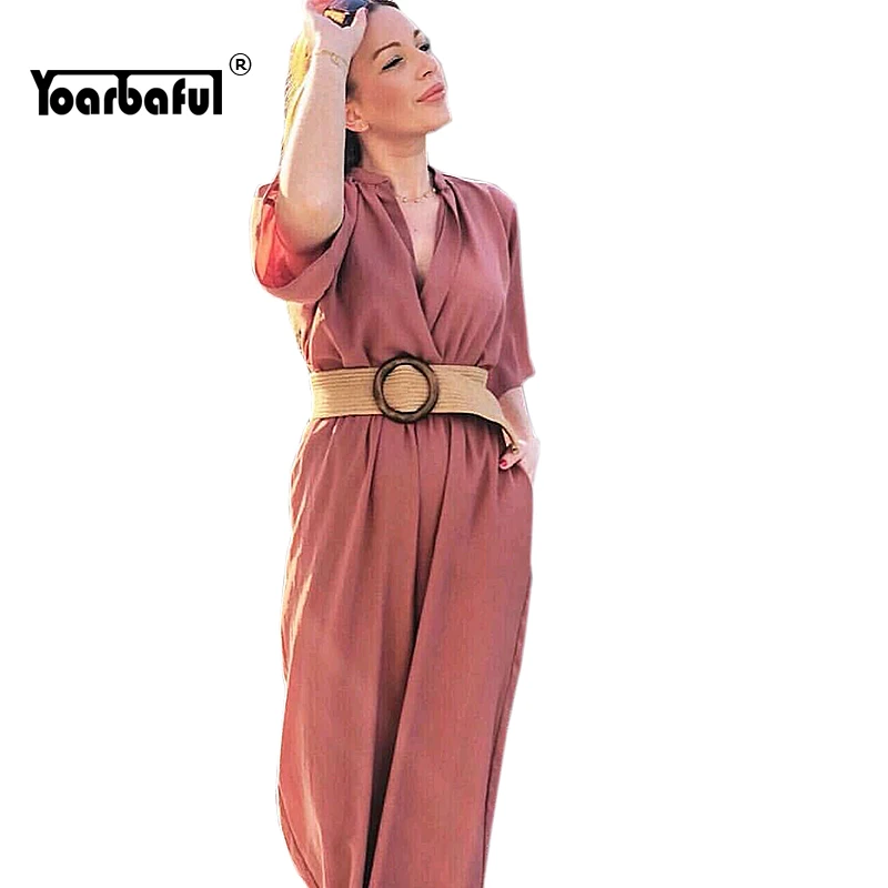 

2019 Summer Ladies Elegant Short Sleeve Jumpsuits Rompers Fashion Vintange Deep V Neck Streetwear Playsuits Bodysuits Trousers