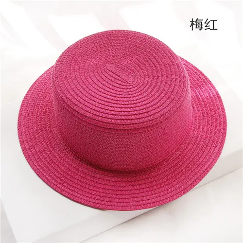Детская соломенная шляпа, одноцветная шляпа с широкими полями, летняя пляжная шляпа от солнца, плоская шляпа Fedoras Kentunky, Шляпа Дерби, белый, черный, 11 цветов - Цвет: Hot Pink