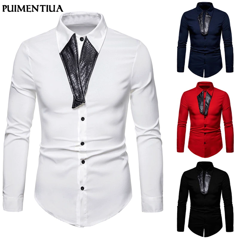 

Puimentiua 2019 Spring Men Fake Tie Long Sleeve Shirt Button Down Slim Fit Cotton Shirt Male Solid Party Light Casual Tops