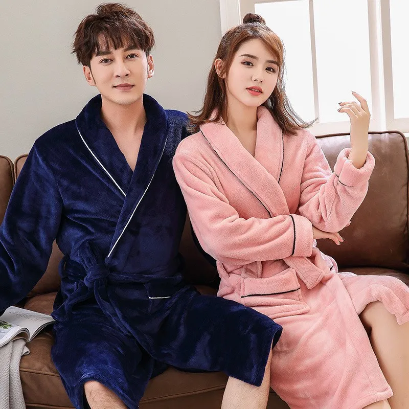 Couples Female Coral Fleece Robe Kimono Gown Winter Thick Warm