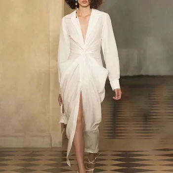 

White Shirt Dress Women Twisted Ruched Tunic High Waist Dresses Midi High Street