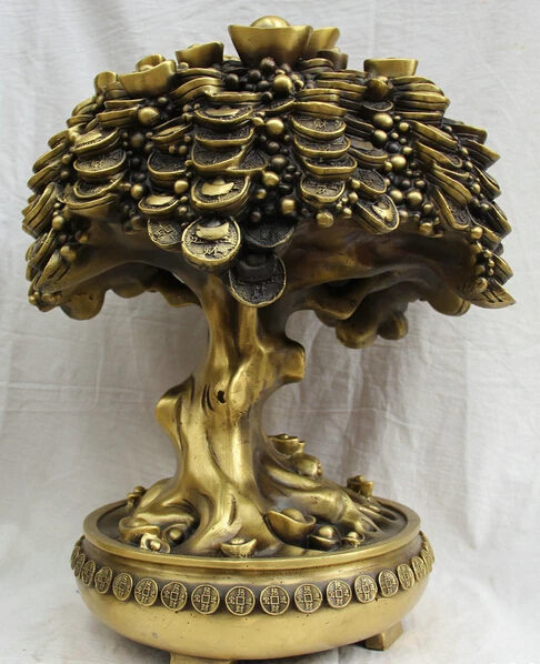 

JP S0524 17 China Chinese Brass Folk treasure bowl money tree coin wealth Yuan Bao Statue B0403
