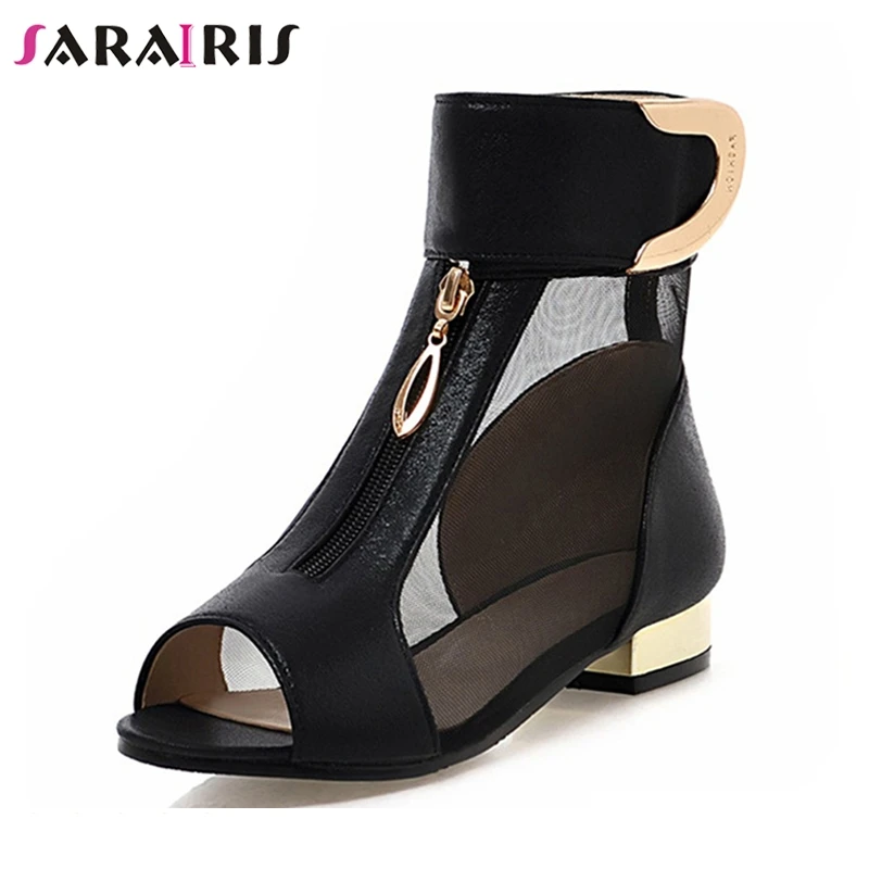 

SARAIRIS 2019 Summer Plus size 34-48 New Elegant Brand Mesh Sandals Metal Decoration Peep Toe Shoes Woman Low Heels Footwear