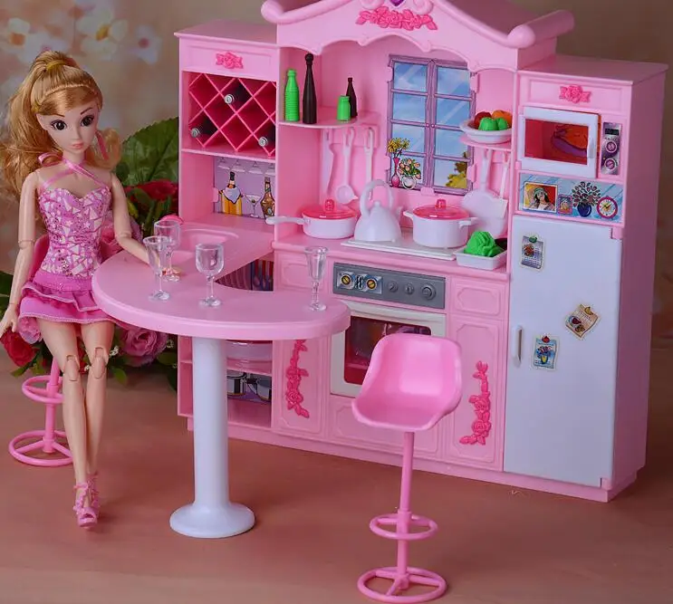 Набор кухонной мебели для Барби, освещение для кухонных шкафов, мебель для столовой, игрушки для девочек, аксессуары для куклы Барби