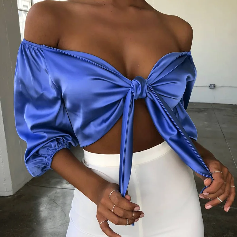 

Summer 2019 Sexy Off Shoulder Crop Top Front Bow Tie Up Tops Women Satin Crop Tops Off Shoulders Lace Up Top Blue and Champagne