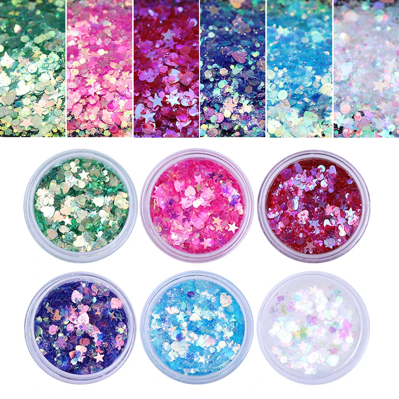 6 Boxes Nail Glitter Sequins Set Shining AB Color Chameleon Heart Star Round Manicure DIY Nail Art Face Body Decoration