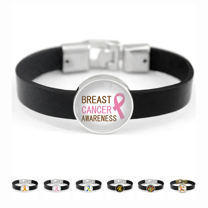 

Men's Black Leather Unicorn Nebula Leukemia ADHD MS Down Syndrome Childhood Autism Breast Cancer Awareness Bracelets for Women