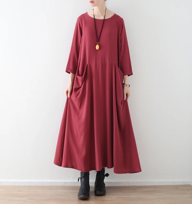 Plus Size Women Solid Black Red Dress Pockets Autumn New Casual Cotton Linen Loose O-Neck Vintage Long Sleeve Maxi Dress