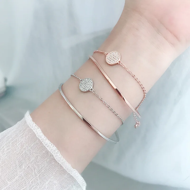 

1PC Authentic 925 Sterling Silver Double Rows Disc Round CZ Set & chain cuff Bracelet TLS139