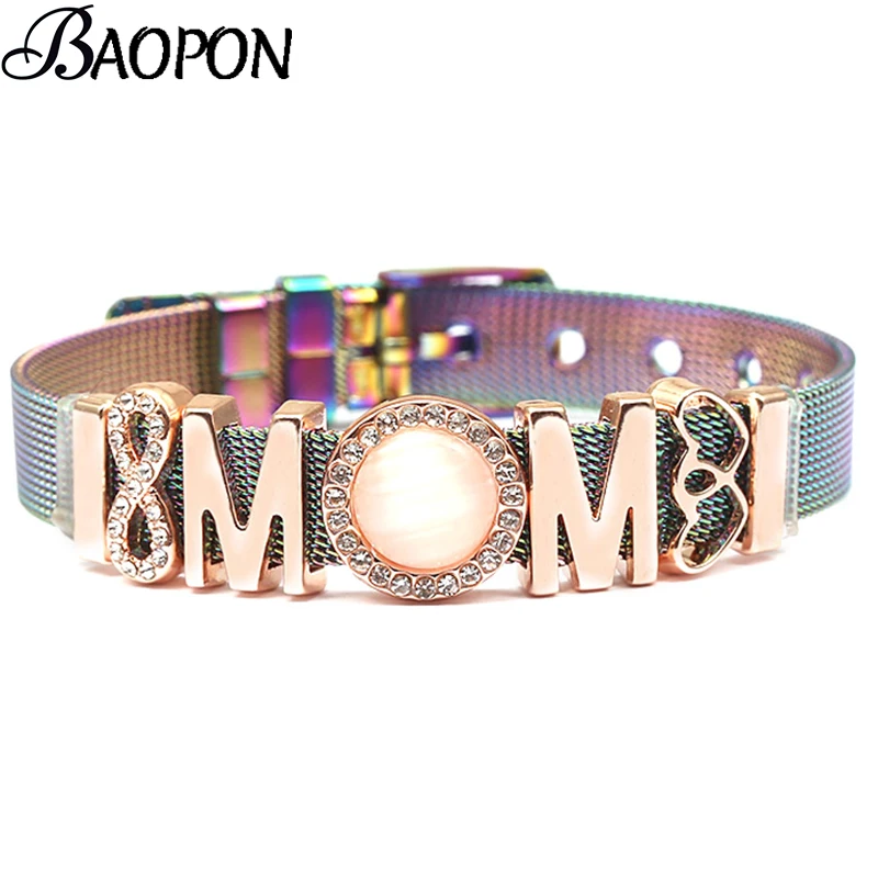 

BAOPON Jewelry MOM Colorful Stainless Steel Mesh Bracelet Bangles with Gold Slide Fine Bracelets as Women Monther Lover Gift