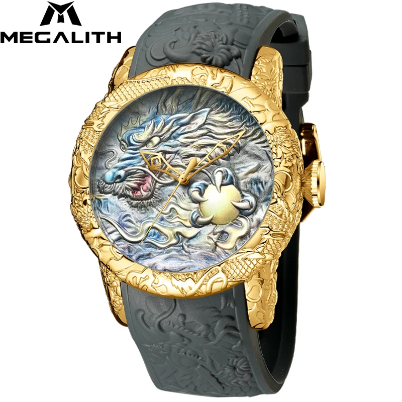 

MEGALITH Waterproof Watch Men Top Luxury Brand Big Dial Men Watch Dragon Sculpture Emboss Quartz Watch Men Clock Relojes Hombre