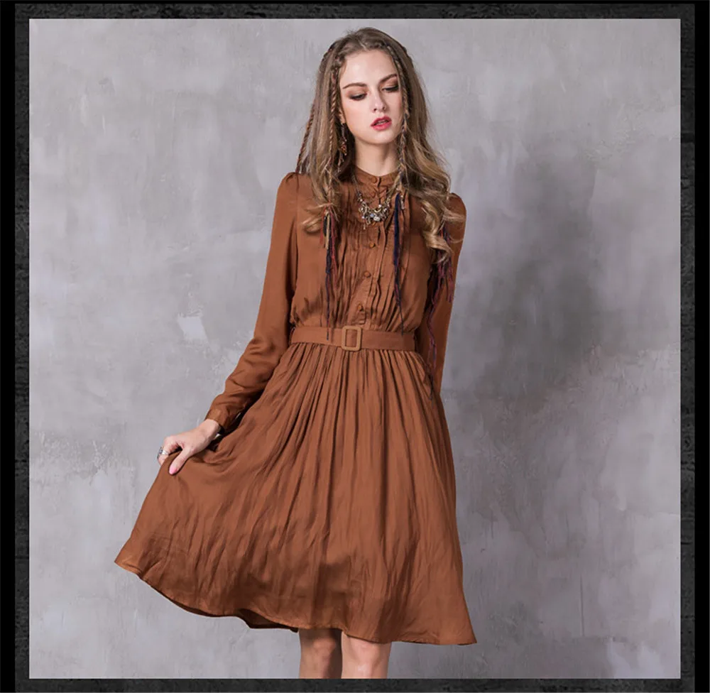 Vintage Autumn Women Dress 2017 Polyester Cotton Long Sleeve Stand Collar Belted A-line Pleated Dresses Vestidos Feminino (12)