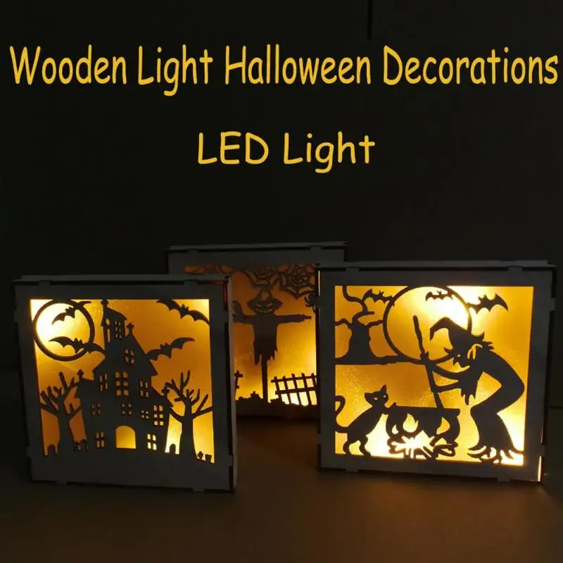 

Wooden Halloween Square Pendant LED Light Festival Home Decoration Craft