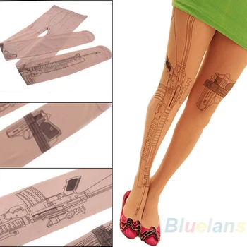 

Sexy Machine Gun Tattoo Transparent Tights Stockings Pantyhose hot