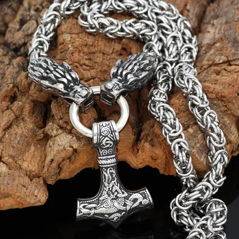 

Men Stainless steel Nordic viking wolf head with thor hammer pendant necklace with King chain