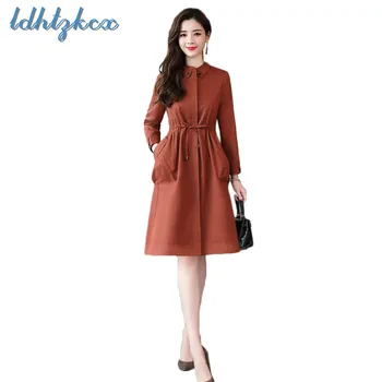 

LDHTZKCX Solid Color Large Size Long-sleeved Trench Female 2018 Autumn New Office Lady Slim Long Bow Pockets Windbreaker CX292