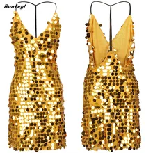 Ruofegl Deep V neck dress with sequins Backless luxury slip dress sexy party short club dress women summer vestido rockabilly
