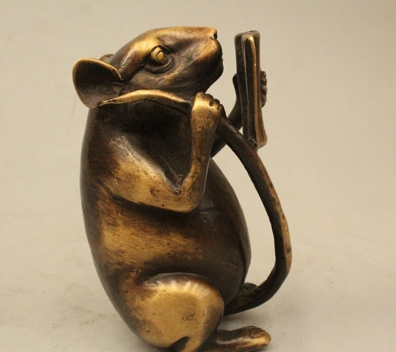 

4" Chinese Fengshui Copper Zodiac Year Lucky Mouse Look Booke Wealth Statue