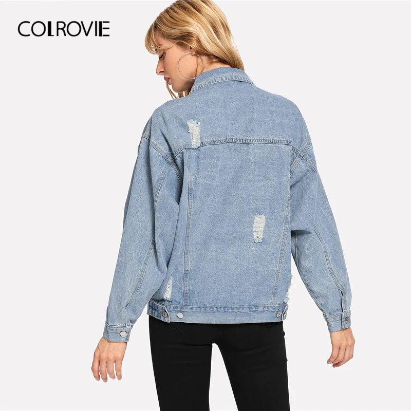 Женская джинсовая куртка COLROVIE синяя рваная однобортная с открытыми плечами