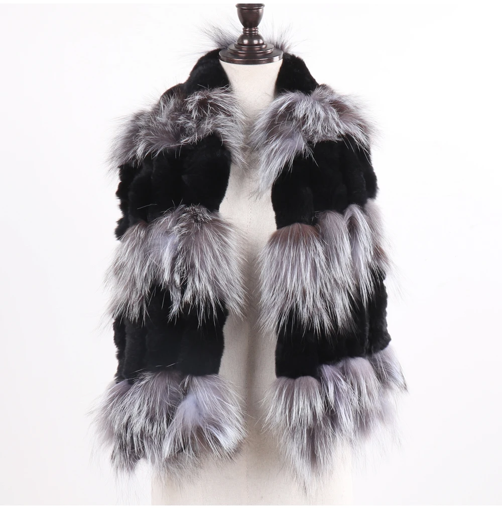 Hot Sale Women Fashion Real Silver Fox Fur Scarf Natural Warm Rex Rabbit Fur Muffler Lady Winter Genuine Fur Scarves