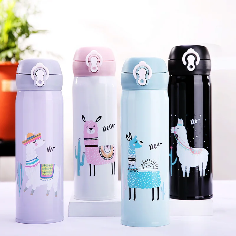 

VA STUDIO Stainless Steel Cute Thermocup Bouncing Cover Bottle Vacuum flask Alpaca Pattern Thermal Mug Travel Thermos Cup