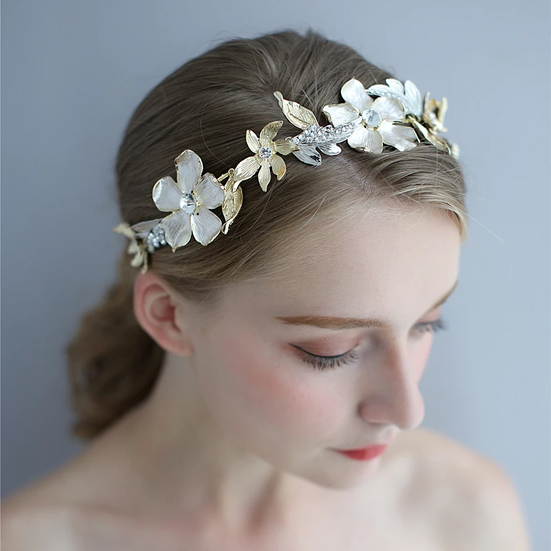 

Light Gold Floral Wedding Tiara Handmade Crystal Bridal Hair Vine Crown Fashion Women Headpiece Brides Hair Jewelry