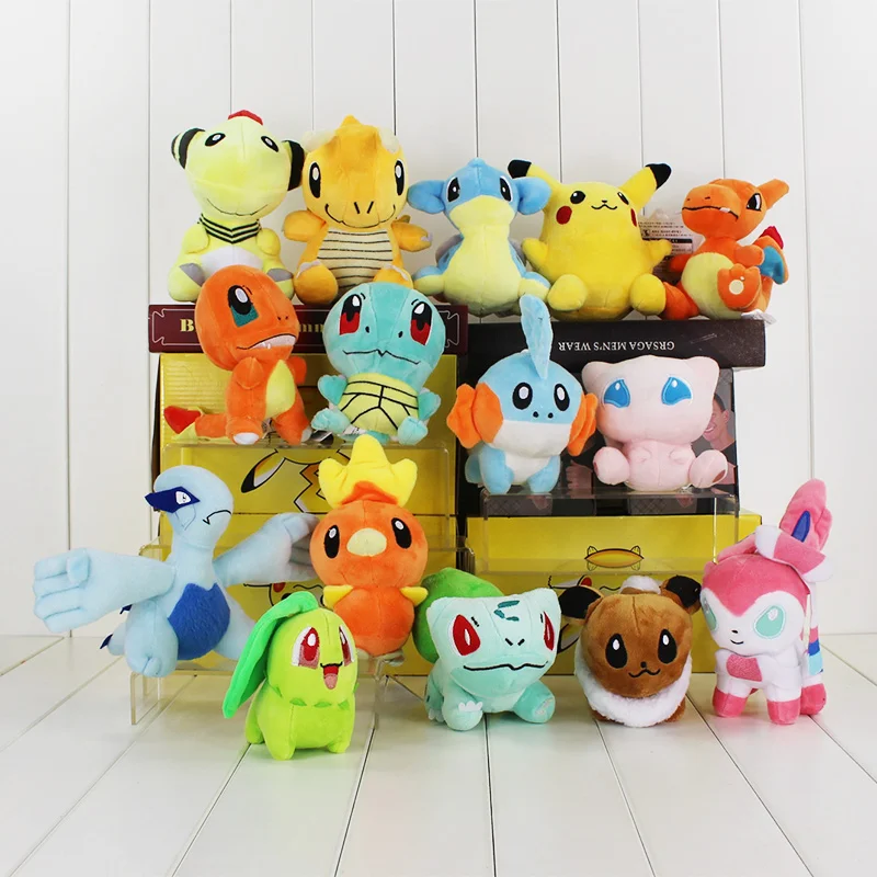 15Pcs Lot Ampharos Dragonite Lapras Charizard Charmander Squirtle Mudkip Mew Lugia Chikorita Eevee Sylveon Plush Toy