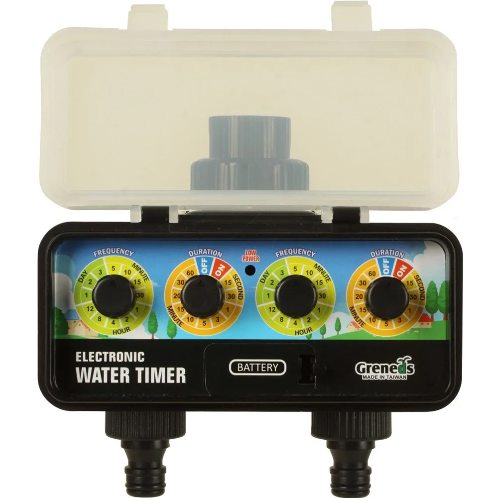 

Automatic electronic water timers garden irrigation with interval delay feature,2 outlets,adopt solenoid valve,4 rotary dials