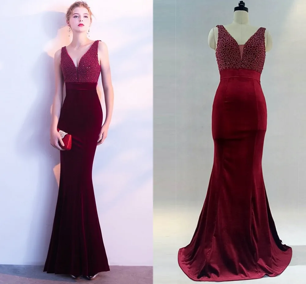 Winter Herfst Fluwelen Jurk voor Wedding Party Vrouwen Dark Red V-hals Avond Mermaid Gown Elegante Sexy Lange Maxi Jurk Vestidos