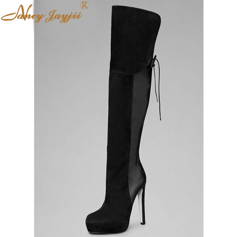 Nancyjayjii Fahion Women Winter Over The Knee High Boots Black&Khaki 10cm High Heels Round Toe With Zipper Shoes,Large Size 4-16