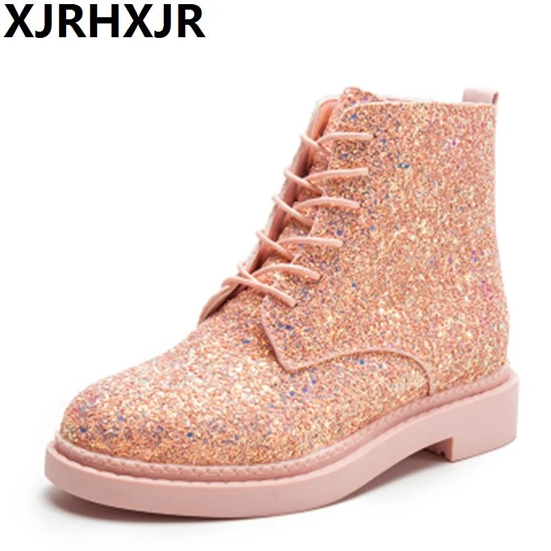 Beste XJRHXJR Vrouwen Bling Pailletten Platte Roze Hout Laarzen voor Dames Punk Stijl Martin Laarzen Demon Laarzen Botas Mujer