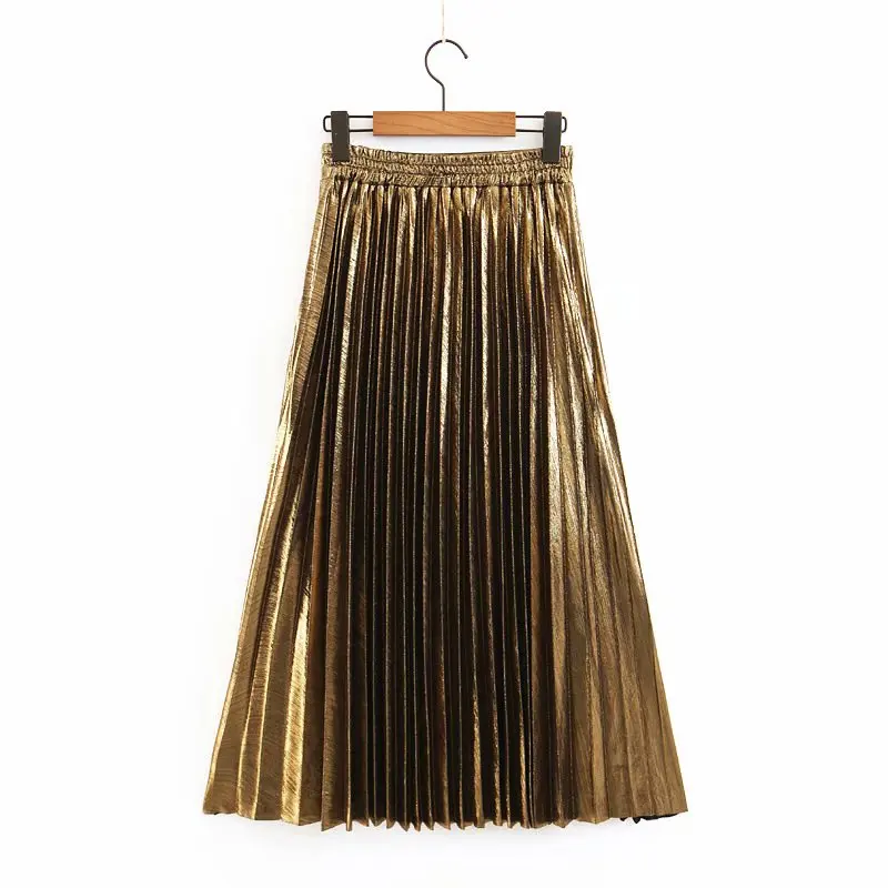 

New Arrival 6 Colors Women Golden Skirt Vintage Pleated Textured Skirts Elastic Waist Mid-Calf Casual Bottoms Feminine