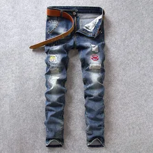 2017 hole jeans male restoring ancient ways Elastic waist straight in cultivate one’s morality affixed cloth leisure trousers