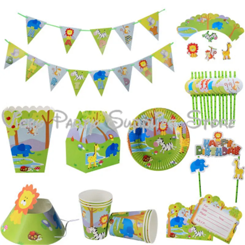 

149pcs/lot Cartoon Jungle Animals Print Disposable Tableware Set Theme Party Birthday Baby Shower Party Paper Tableware Supplies