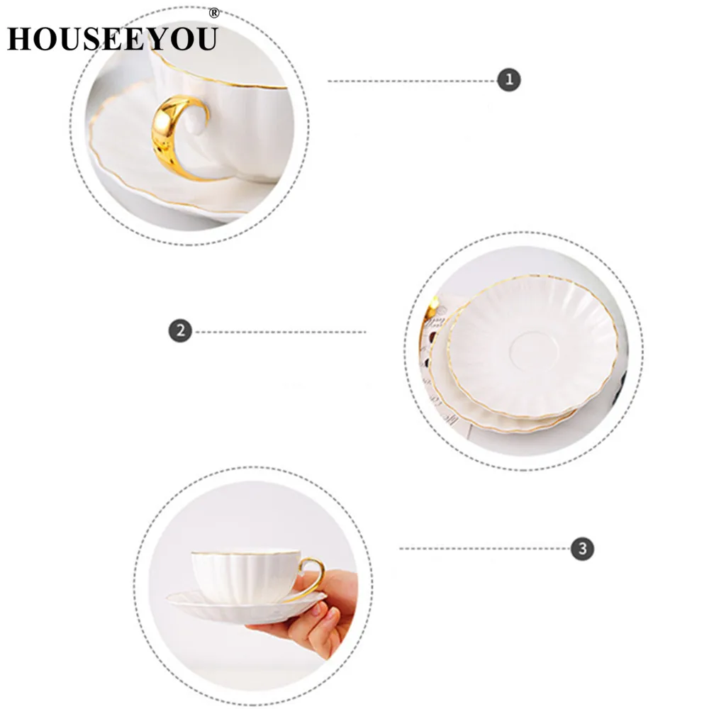 HOUSEEYOU, английская контурная золотая кофейная чашка, блюдце, набор, утренняя кружка, молоко, кофе, чай, для завтрака, фарфоровая чашка, подарок для влюбленных