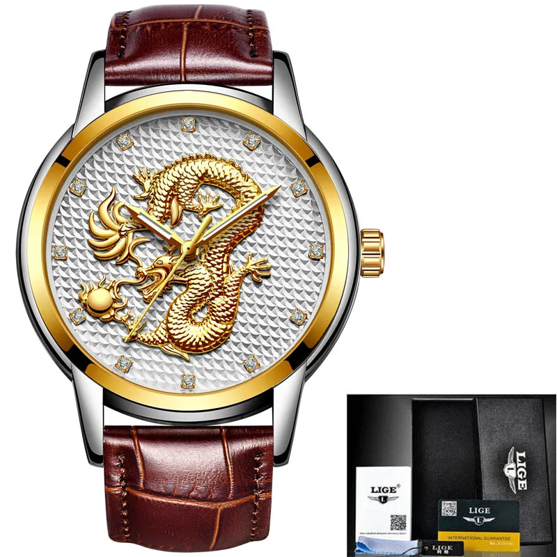 Lige Мужские часы Модные Спортивные кварцевые мужские часы, наручные часы Топ бренд класса люкс полный стальной деловые водонепроницаемые часы Relogio Masculino - Цвет: leather gold white