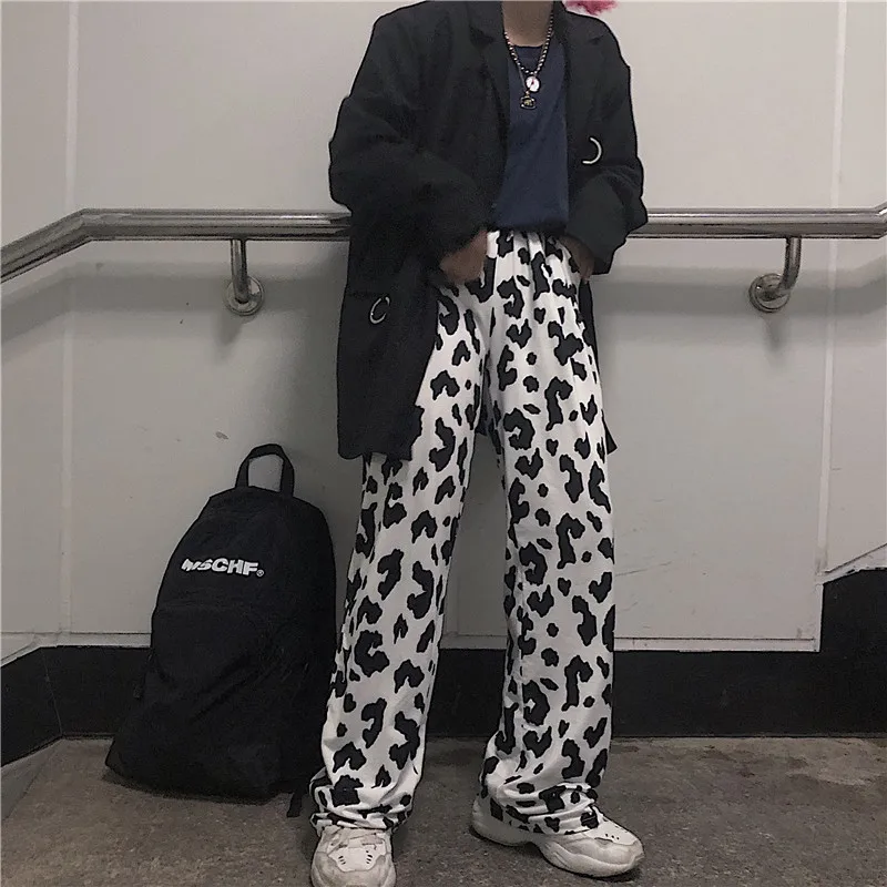 

Elastic High Waist Block Cow Contrast Graffiti Dot Print Straight Wide Leg Pant Boho Trouser Streetwear Hip Hop Harem Sweatpant