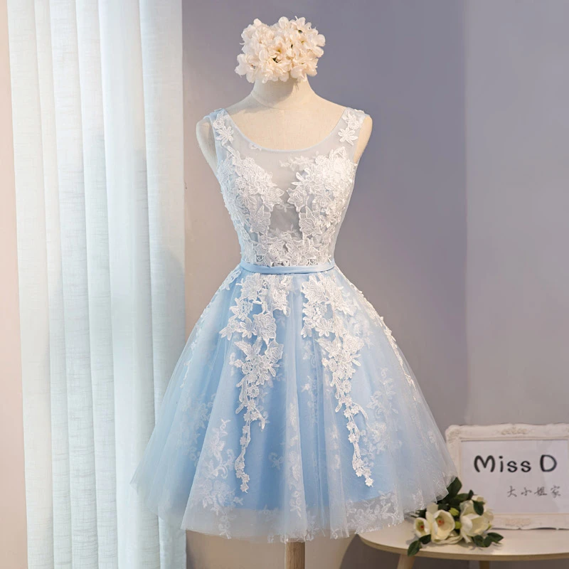 No se mueve Portero Honorable Vestidos de dama de honor cortos y elegantes para mujer, vestidos de encaje  azul cielo, formales para fiesta de boda, Homecoming, baile de graduación,  2020|Vestidos para dama de honor| - AliExpress