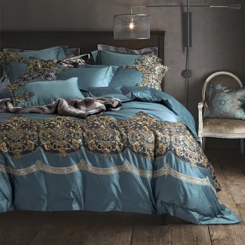 

New Premium Luxury 120S Egyptian cotton Blue Embroidered Bedding set Queen King Lace Edge Royal Duvet cover Bed sheet set 4/6pcs
