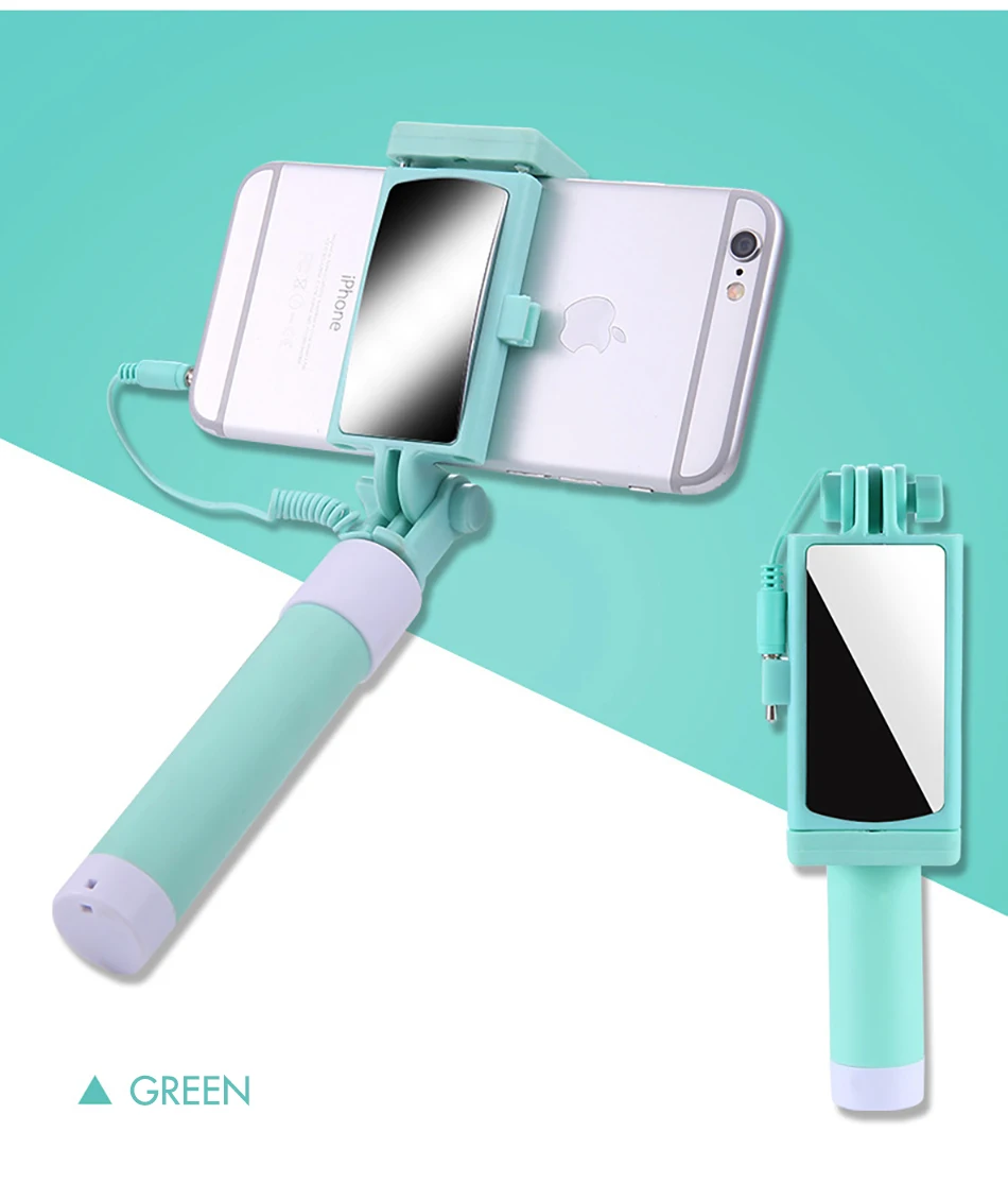!ACCEZZ Mini Wired Selfie Stick IOS For iPhone X XR XS MAX 8 7 6 For Huawei Samsung Monopod Foldable Portable Selfiestick Mirror (15)